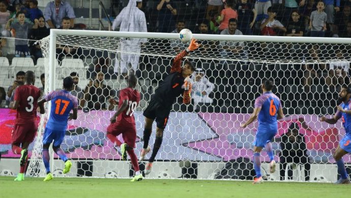 Match action between Qatar and India in a Group E encounter of the joint FIFA World Cup Qatar 2022 and AFC Asian Cup China 2023 Qualifiers. (Photo courtesy: AIFF Media)
