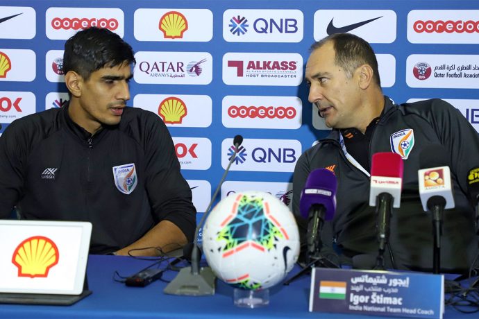 Indian national team goalkeeper Gurpreet Singh Sandhu and head coach Igor Štimac during the pre-match press conference ahead of the joing 2022 FIFA World Cup / 2023 AFC Asian Cup qualifer in Doha, Qatar. (Photo courtesy: AIFF Media)