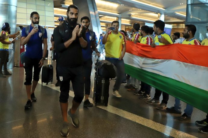 The Indian national team is welcomed by the Qatar Manjappada fan club at their arrival in Doha, Qatar. (Photo courtesy: AIFF Media)