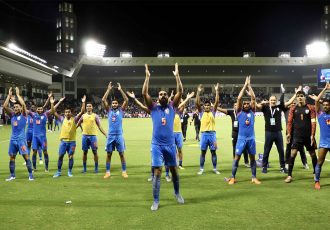 The Indian national team players and staff performing the famous "Viking Clap" after holding AFC Asian Cup champions Qatar to a draw in Doha. (Photo courtesy: AIFF Media)