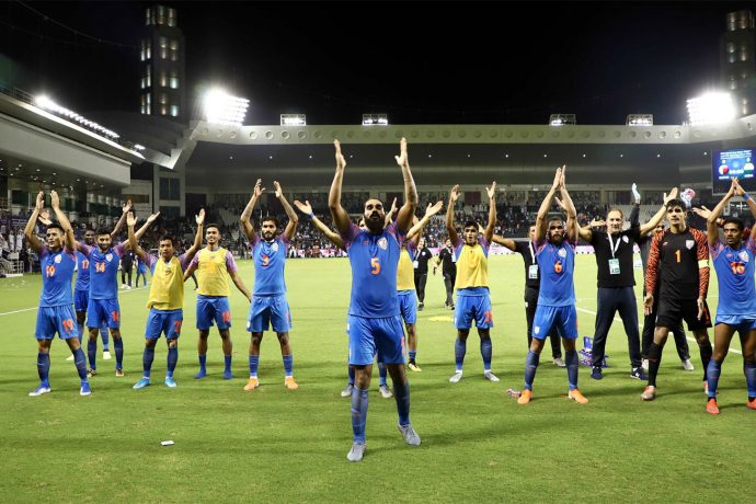 The Indian national team players and staff performing the famous "Viking Clap" after holding AFC Asian Cup champions Qatar to a draw in Doha. (Photo courtesy: AIFF Media)