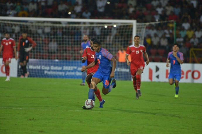Match action between India and Oman in the opening Group E encounter of the joint FIFA World Cup Qatar 2022 and AFC Asian Cup China 2023 Qualifiers. (Photo courtesy: AIFF Media)