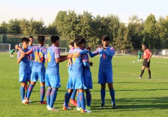 The India U-16 national team players celebrating one of their goals in the AFC U-16 Championship Qualifiers. (Photo courtesy: AIFF Media)