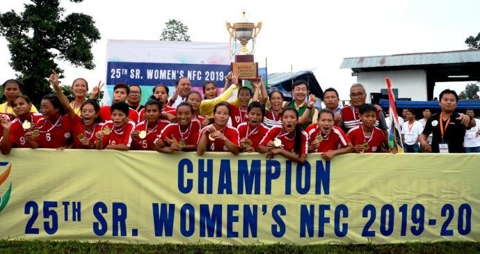 Manipur Women's State Team players and officials celebrating after the victorious 25th Hero Senior Women’s National Football Championship 2019-20 final. (Photo courtesy: AIFF Media)