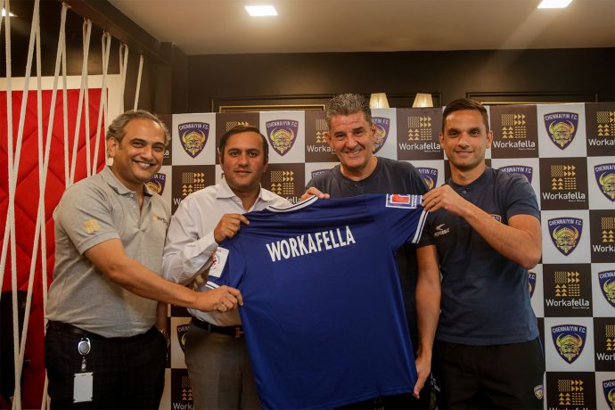 Chennaiyin FC Vice President Hiren Mody and Shray Rattha, Co-Founder & Director, Workafella unveiling the association, with head coach John Gregory and first team player Andre Schembri in attendance. (Photo courtesy: Chennaiyin FC)