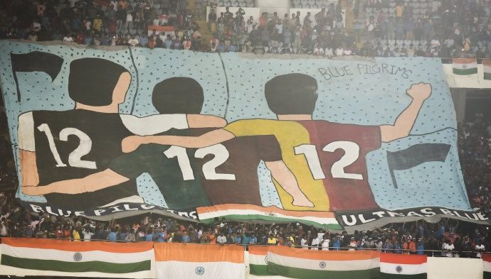 Choreography in support of the Indian national team during the FIFA World Cup Qatar 2022 qualifier against Bangladesh in Kolkata. (Photo courtesy: AIFF Media)