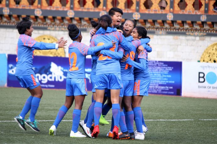 India U-15 Women's national team players celebrating one of their goals in the SAFF U-15 Women's Championship 2019. (Photo courtesy: AIFF Media)