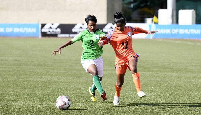 SAFF U-15 Women's Championship match action between the India U-15 Women's national team and Bangladesh. (Photo courtesy: AIFF Media)