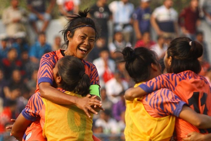 Indian Women's national team captain Ashalata Devi celebrating with her teammates. (Photo courtesy: AIFF Media)