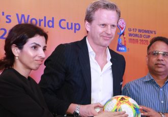 Roma Khanna, Tournament Director, FIFA U-17 Women's World Cup India 2020 LOC, FIFA Project Lead for the Tournament Oliver Vogt and Vishal Kumar De, IAS, Commissioner-cum-Secretary for Sports and Tourism, Govt. of Odisha during a press conference at the Kalinga Stadium in Bhubaneswar. (Photo courtesy: FIFA U-17 Women's World Cup India 2020 LOC)