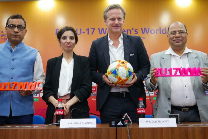 Anoop Kumar Agrawal (IAS, Principal Secretary to the Govt. of West Bengal), Tournament Director of the Local Organising Committee Roma Khanna, Project Lead of FIFA U-17 Women’s World Cup India 2020 Oliver Vogt and Subrata Datta, LOC Board Member & Senior Vice President, AIFF during the press conference in Kolkata. (Photo courtesy: AIFF Media)