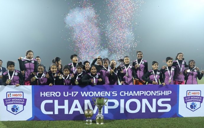 Lionesses celebrating their Hero U-17 Women's Championship title. (Photo courtesy: AIFF Media)