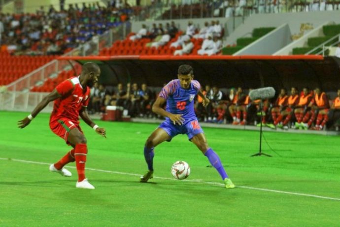 Match action between Oman and the Indian national team in the joint FIFA World Cup Qatar 2022 and AFC Asian Cup China 2023 Qualifiers. (Photo courtesy: AIFF Media)