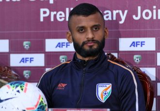 Indian national team defender Pronay Halder at the pre-match conference ahead of the joint FIFA World Cup Qatar 2022 and AFC Asian Cup China 2023 qualifier. (Photo courtesy: AIFF Media)