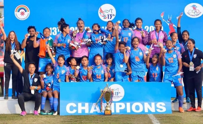 The India Women's national team celebrating their 2019 South Asian Games title. (Photo courtesy: AIFF Media)