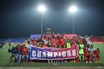 Aizawl FC players and officials celebrating their fourth Mizoram Premier League title. (Photo courtesy: Mizoram Football Association)