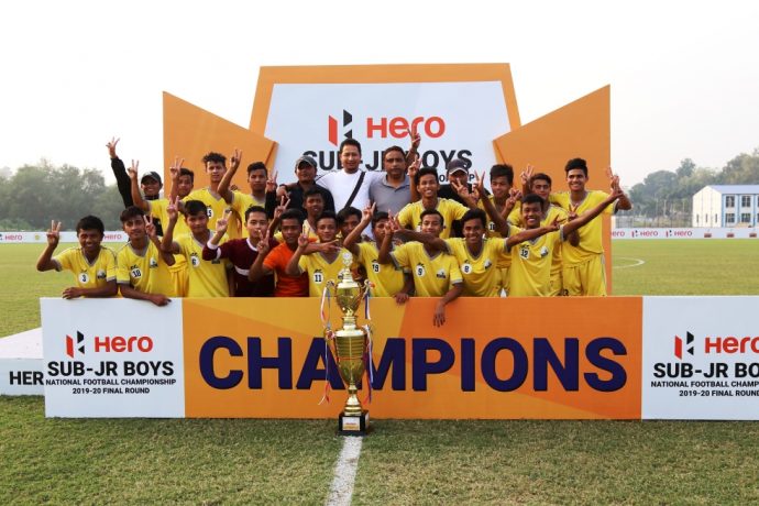 Meghalaya players and officials celebrating their Hero Sub-Junior National Football Championship 2019-20 title. (Photo courtesy: AIFF Media)