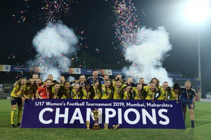 Sweden U-17 Women's national team players and officials celebrating their U-17 Women's Football Tournament 2019 title at the Mumbai Football Arena. (Photo courtesy: AIFF Media)