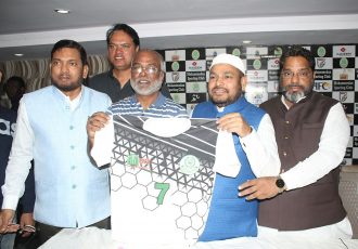 Mohammedan Sporting Club officials presenting the club jersey during a press conference in Kolkata. (Photo courtesy: Mohammedan Sporting Club)