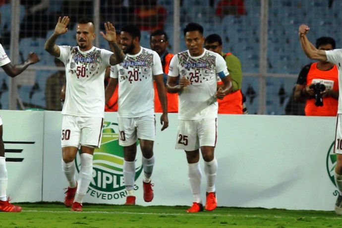 Mohun Bagan AC players celebrating one of their I-League goals. (Photo courtesy: I-League Media)