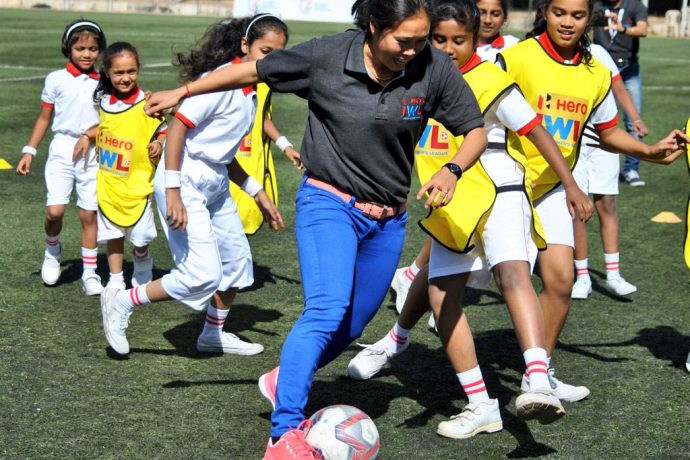 Indian Women's football legend Oinam Bembem Devi playing football with girls. (Photo courtesy: AIFF Media)