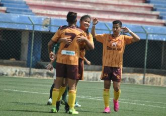 Gokulam Kerala FC players celebrating one of their goals in the Indian Women's League. (Photo courtesy: AIFF Media)