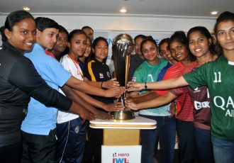 2019/20 Hero Indian Women's League (IWL) launch ceremony: Astrid Pereira (Bidesh XI FC), Shyama Rani (BBK DAV FC), Poli Koley (Sreebhumi FC), Amoolya (Bangalore United FC), Priya Mistry (Baroda FA), Dangmei Grace (Kryphsa FC), Ashalata Devi (Sethu FC), Manpreet (Kickstart FC), Mrunal Khot (FC Kolhapur), Karishma Oram (Odisha FC), Michel Castanha (Gokulam Kerala FC), Soumya Guguloth (Kenkre FC). (Photo courtesy: AIFF Media)