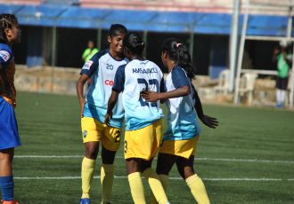 Sethu FC players celebrating one of their goals in the Indian Women's League. (Photo courtesy: AIFF Media)