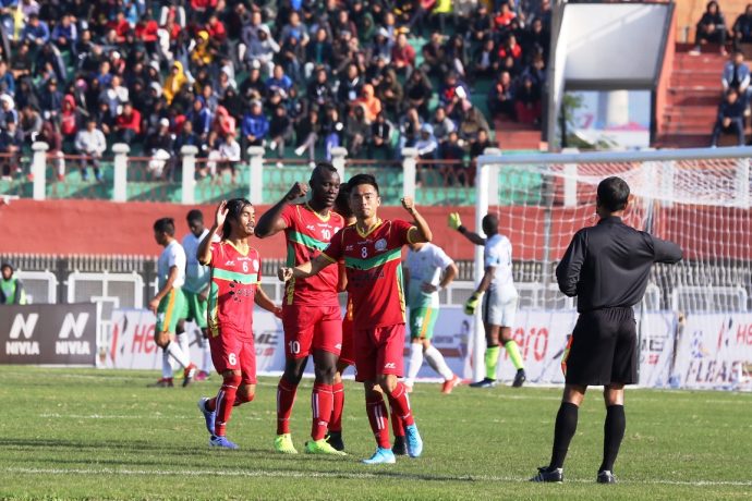TRAU FC players celebrating one of their goals in the Hero I-League. (Photo courtesy: I-League Media)