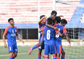 Bengaluru FC 'B' players celebrate their win against Hyderabad FC Reserves in the 2nd Division League at the Bengaluru Football Stadium, on Saturday. (Photo courtesy: Bengaluru FC)