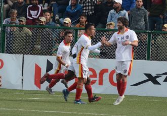 East Bengal players celebrating one of their goals in the Hero I-League. (Photo courtesy: I-League Media)