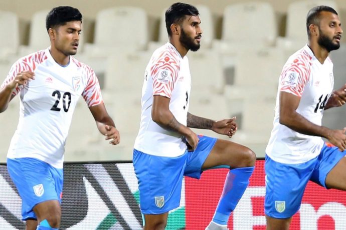 Indian national team players during their pre-match warm-up. (Photo courtesy: AIFF Media)