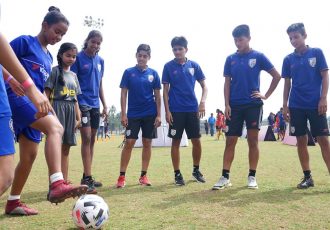 Members of the India U-17 WNT at the International Women's Day celebrations at the Benaulim Ground in Goa, India. (Photo courtesy: FIFA U-17 Women's World Cup LOC)