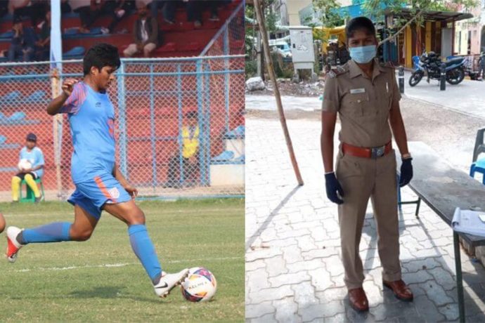Indumathi Kathiresan in action for the Indian Women's national team (left) and during her Tamil Nadu Police duty. (Photo courtesy: AIFF Media)