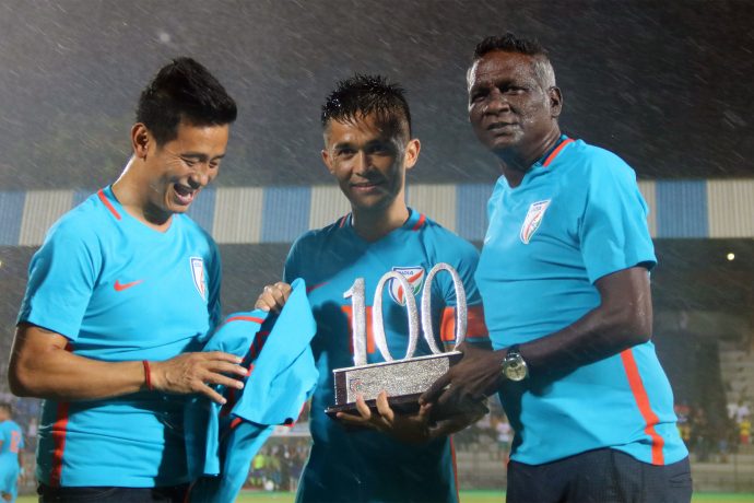Indian football legends Bhaichung Bhutia, Sunil Chhetri and IM Vijayan. (Photo courtesy: AIFF Media)