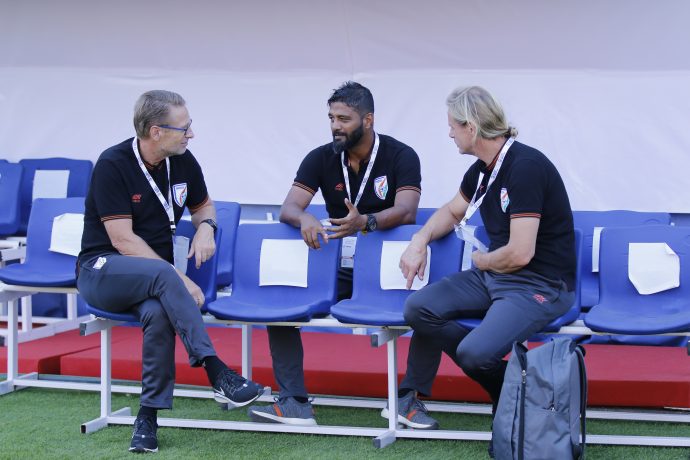 India U-17 national team head coach Thomas Dennerby, assistant coach Alex Ambrose and fitness coach Per Karlsson. (Photo courtesy: AIFF Media)