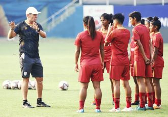 India U-17 Women's national team head coach Thomas Dennerby with his players. (Photo courtesy: AIFF Media)