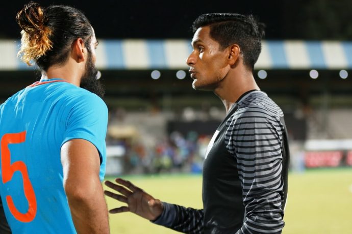 Indian national team defender Sandesh Jhingan and goalkeeper Subrata Paul at the sidelines of a match. (Photo courtesy: AIFF Media)