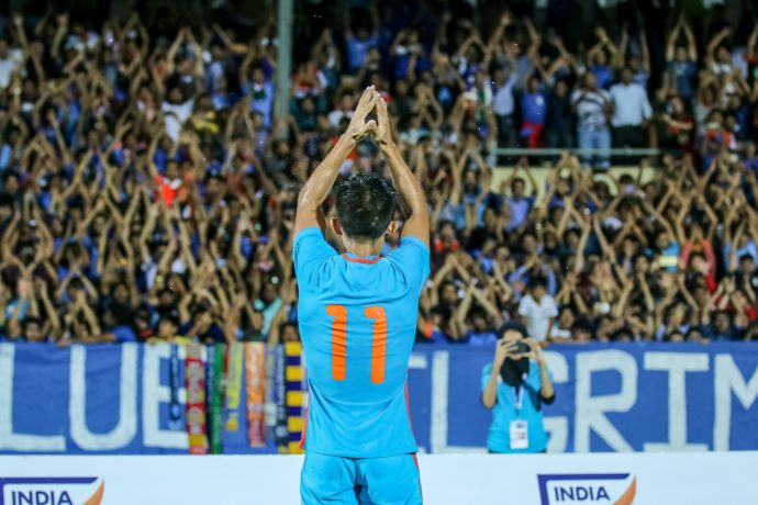 Indian national team captain Sunil Chhetri celebrating with fans. (Photo courtesy: AIFF Media)