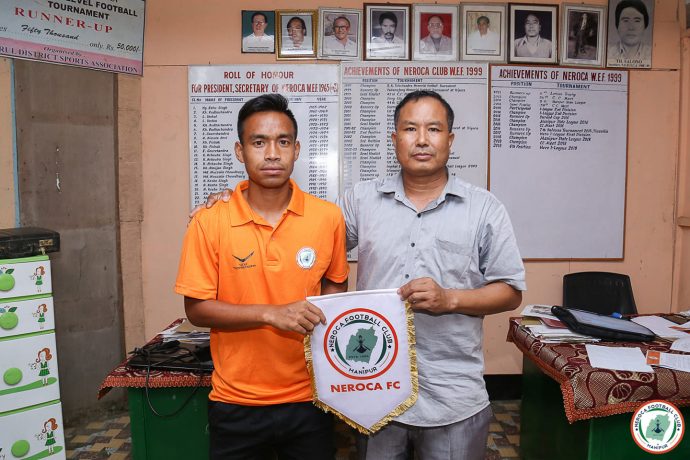 NEROCA FC present their new signing Wangkheimayum Olen Singh. (Photo courtesy: NEROCA FC)