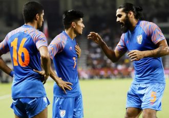 Indian national team defender Sandesh Jhingan (right) during an discussion with Anirudh Thapa. (Photo courtesy: AIFF Media)