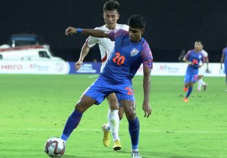 Pritam Kotal in action for the Indian national team. (Photo courtesy: AIFF Media)