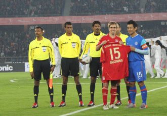 Bhaichung Bhutia and Philipp Lahm moments before Bhaichung's farwell match between the Indian national team and FC Bayern Munich at the Jawaharlal Nehru Stadium, Delhi on January 10, 2012. (Photo courtesy: AIFF Media)