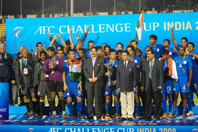 The Indian national team celebrating their AFC Challenge Cup 2008 title. (Photo courtesy: AIFF Media)