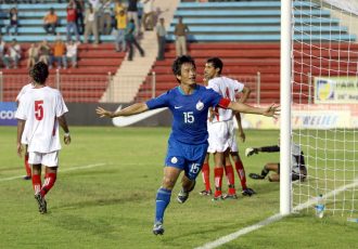 File picture of former India captain Bhaichung Bhutia celebrating one of his goals at the Ambedkar Stadium in Delhi. (Photo courtesy: AIFF Media)