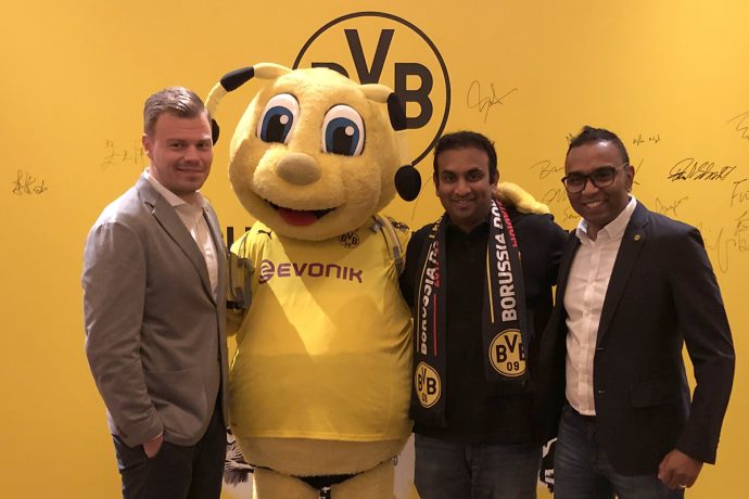 Borussia Dortmund's Senior Manager - Internationalisation & New Business Max-Jannis Foerster, BVB mascot Emma, Hyderabad FC co-owner Varun Tripuraneni and BVB APAC Managing Director Suresh Letchmanan. (Photo courtesy: Hyderabad FC)