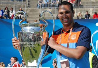 Chris Punnakkattu Daniel with the UEFA Champions League trophy at the sidelines of the UEFA Champions League Final 2012. (© CPD Football)