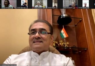 All India Football Federation President Praful Patel during a video meeting with State Association representatives. (Photo courtesy: AIFF Media)