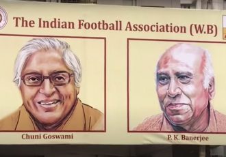 A hoarding that commemorates two of the greatest footballers that the country has produced in its history: Chuni Goswami and PK Banerjee. (Photo courtesy: AIFF Media)