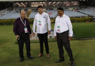 AIFF Senior Vice President Subrata Dutta (left) and IFA General Secretary Joydeep Mukherjee (center) at the sidelines of the Hero I-League Qualifier 2020 in Kolkata. (Photo courtesy: AIFF Media)
